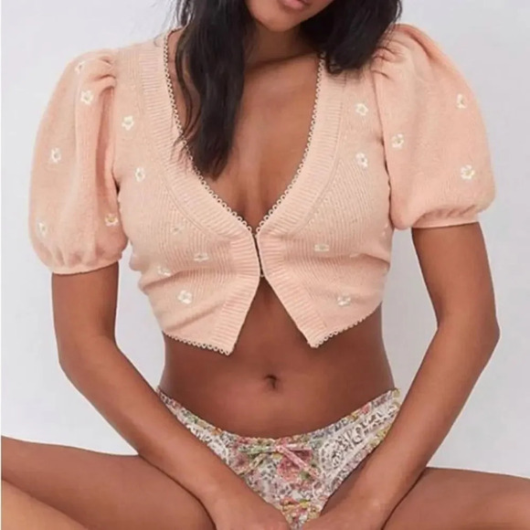 NWT For Love and Lemons Embroidered Buds Cardigan Peach  Size XS - Picture 1 of 8